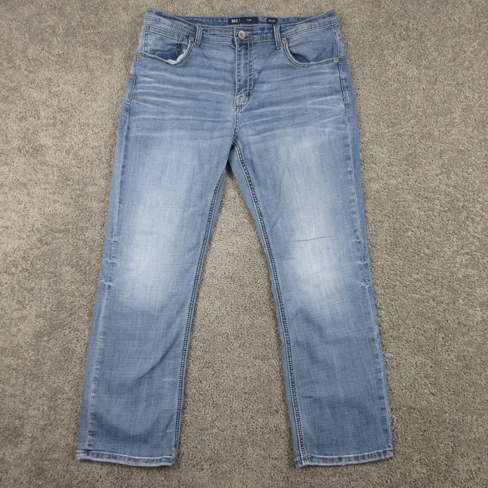 BKE Jeans Mens 36x30 Blue Tyler Straight Faded Stretch Zip Denim Pants Buckle